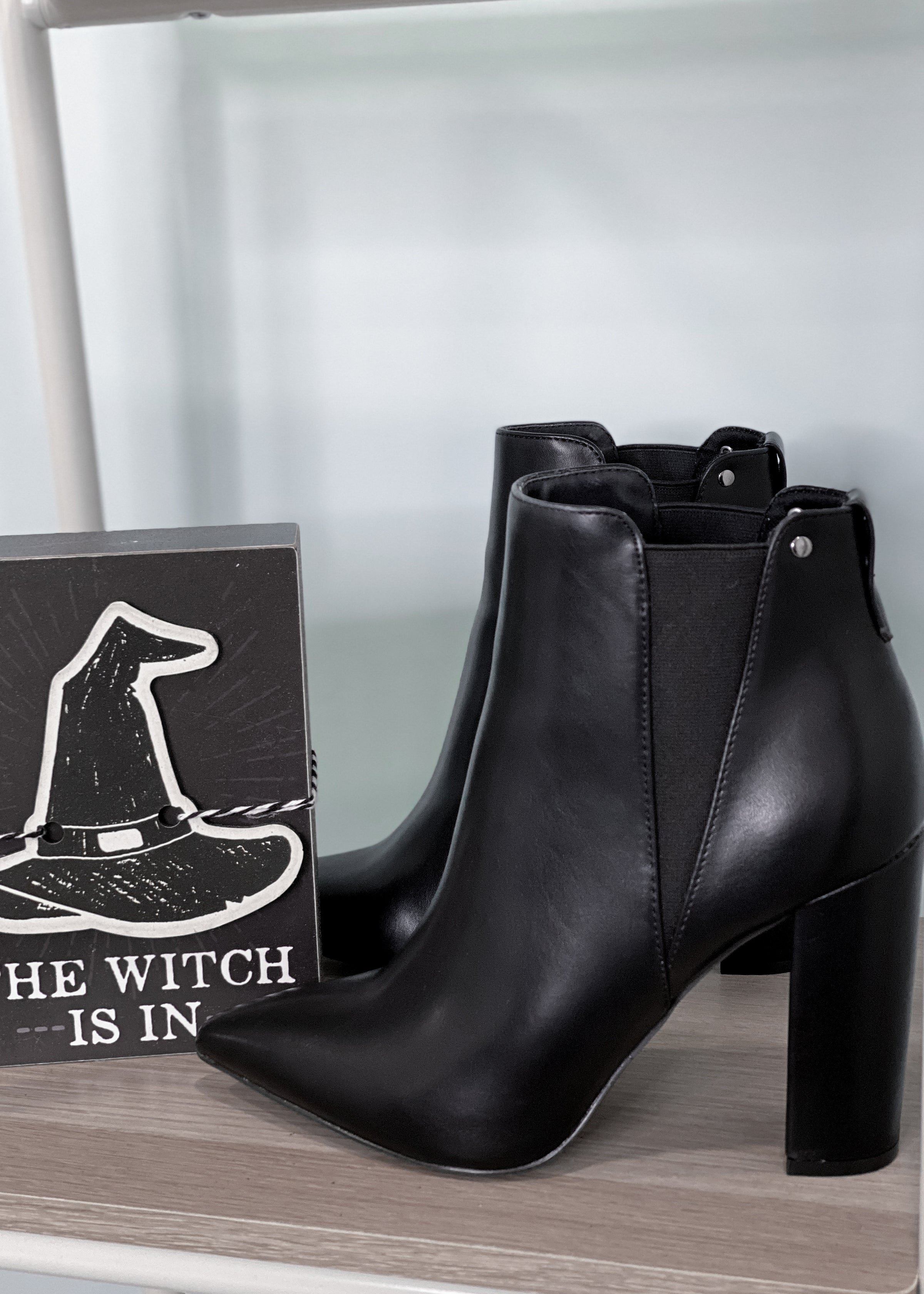 'Witchy' Black Faux Leather Elastic Side Pointy Toe Bootie-Cali Moon Boutique, Plainville Connecticut