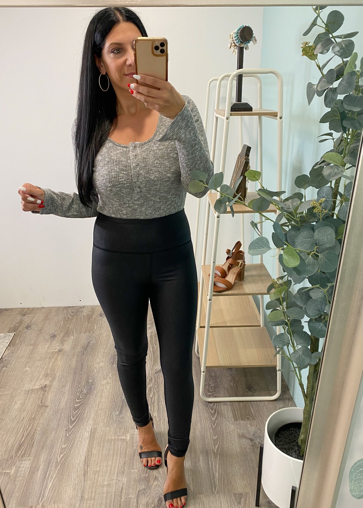 'Lights Out' Black High Waist Faux Textured Fitted Leggings-Cali Moon Boutique, Plainville Connecticut