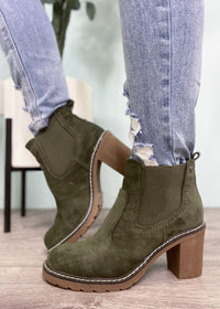 'Rocky' Olive Suede Elastic Side Booties-Cali Moon Boutique, Plainville Connecticut