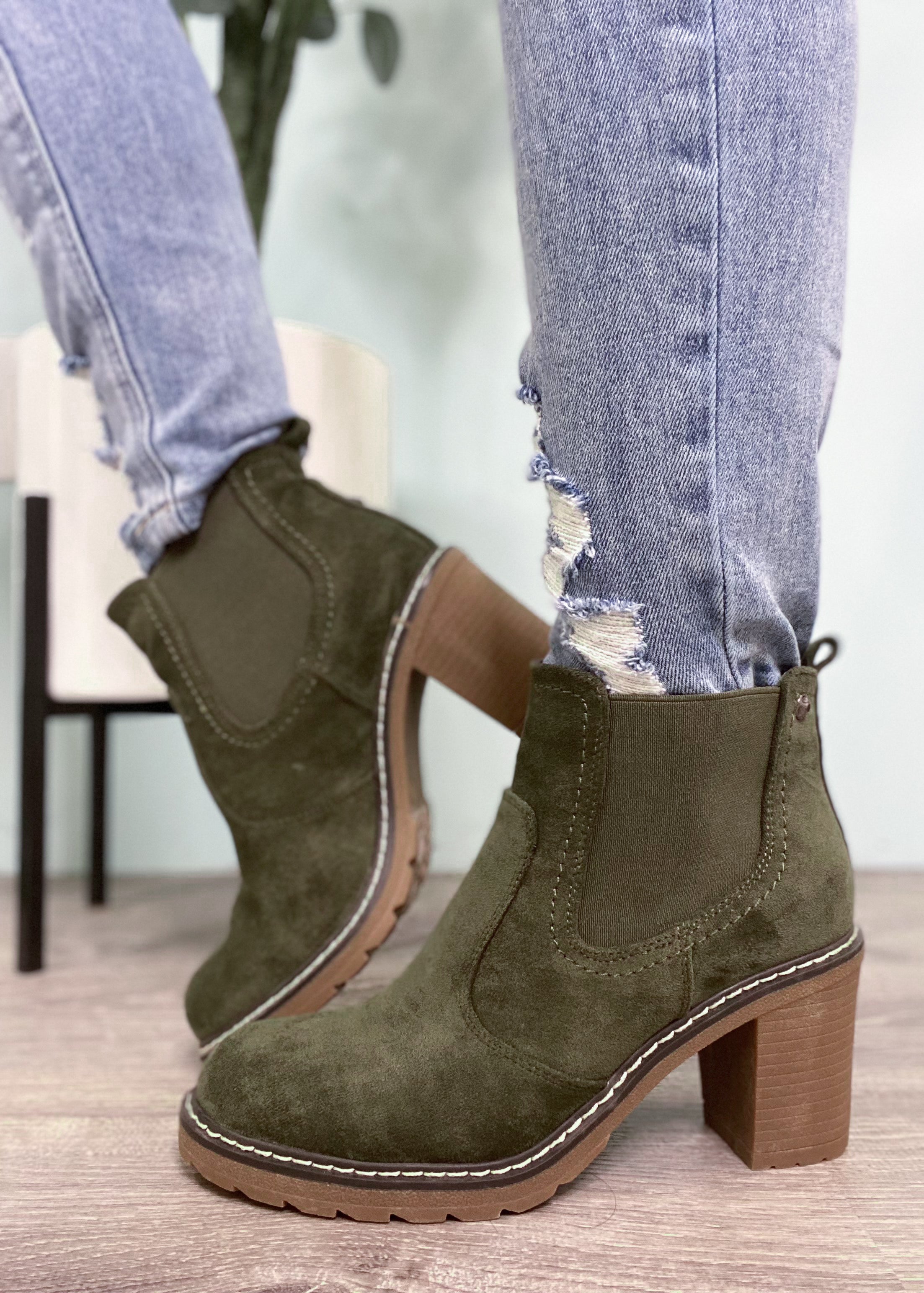 'Rocky' Olive Suede Elastic Side Booties-Cali Moon Boutique, Plainville Connecticut